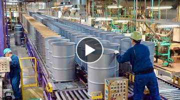 Process of making drum can. Mass production plant in japan