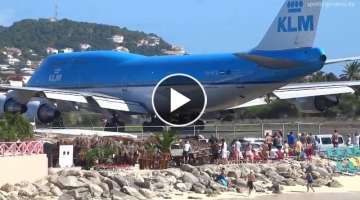 KLM 747 Extreme Jet Blast blowing People away at Maho Beach, St. Maarten