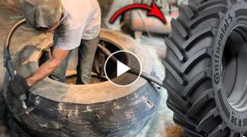 How Put A New Tread On Old Tractor Tire | Amazing Process of Retreaded Old Tire | Tire Retreading